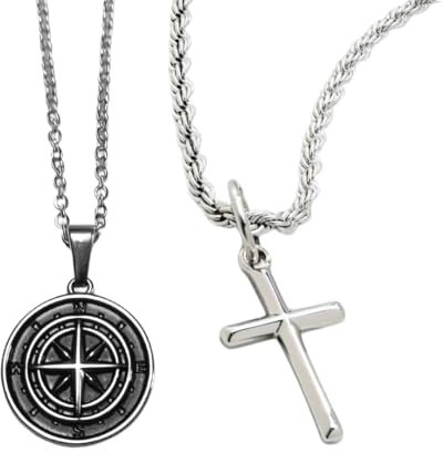 DVRK® Set 2 Silberketten Herren 55 cm Basis aus 316L Edelstahl - Kreuzkette Silber Herren und Silberkette Kompass Wasser- und Schweißbeständig - Kreuz - Ketten für Männer