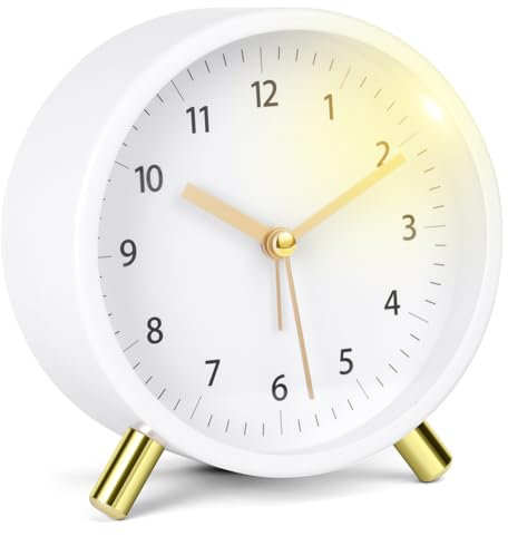 HOTUT Wecker Analoger,Ohne Ticken Wecker mit Licht,Batteriebetrieben,Metall Wecker,Lautlos Wecker,Nachttisch Tischuhr,für Büro, Schlafzimmer, Erwachsene, Kinder, Einschulung Geschenk (Weiß)