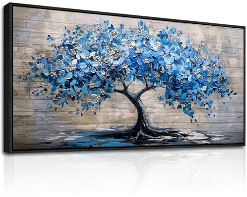 hyidecorart Blaue Blühender Baum Leinwand Bild mit Rahmen Schwarz, 50x100 cm Wandbilder Wohnzimmer Modern Bilder, Baum des Lebens Wanddeko Aesthetic Schlafzimmer Badezimmer Kunst Büro Zimmer Esszimmer