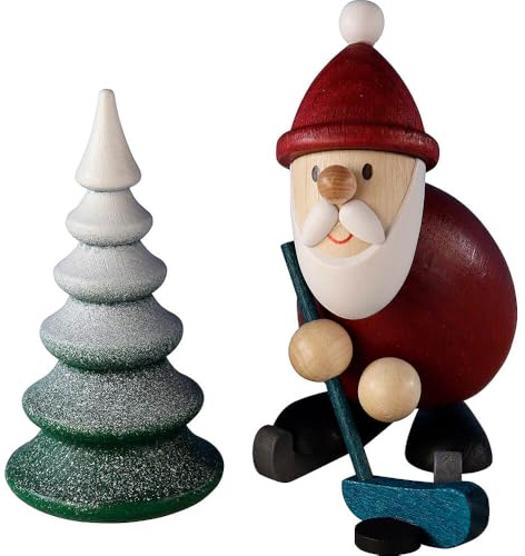 Erzgebirge Palast Ullrich Kunsthandwerk Weihnachtsmann Eishockeyspieler mit verschneitem Baum - 9,6 cm