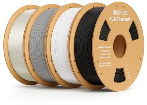 DEEPLEE Filamento PLA 1.75 mm, Pack 4 kg: Nero + Bianco + Grigio + Trasparente (4×1 kg), Precisione Dimensionale ±0.02 mm, Avvolgimento Anti-Intasamento per Stampanti 3D FDM