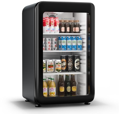 Klarstein Audrey Evo Drinks Fridge - 93L Beverage Refrigerator, Double-Glazed Door, LED Lighting, 0-10°C, Energy Class C, Retro Design, Adjustable Feet, Black