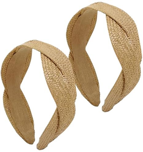 Boho Bandbands for Women 2 PCS Paille tressée large bandeau à Khaki, confortable et anti-glissement pour l'été et les voyages