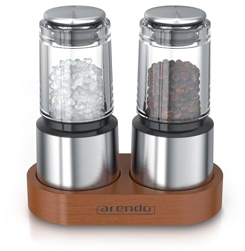 Arendo - Salz und Pfeffermühle - 2er Set mit Holzständer - Gewürzmühlen - Pfeffermühle Salzmühle 30 ml 15-30 g – Keramikmahlwerk – Salz Pfeffer getrocknete Kräuter - Silber Edelstahl