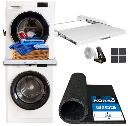 kör4u Premium Antivibrationsmatte 60x60x2cm & kör4u Zwischenbaurahmen weiß mit Ausziehplatte, Stahl, 60,5x54,5 cm inkl. Zurrgurt