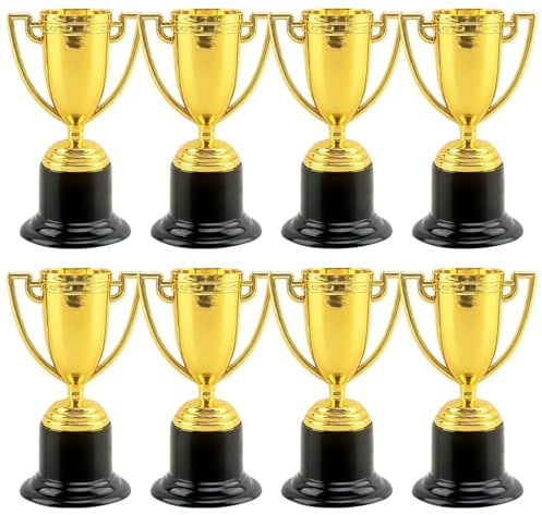 ChAusa 8 st Mini Gyllene Pokaler för Barn, Vinnarmedaljer Guld Plast, Super Cup Pokal, för Festfavorit Småsaker Vid Barnfödelsedag Tävlingar Sportturneringar Belöning