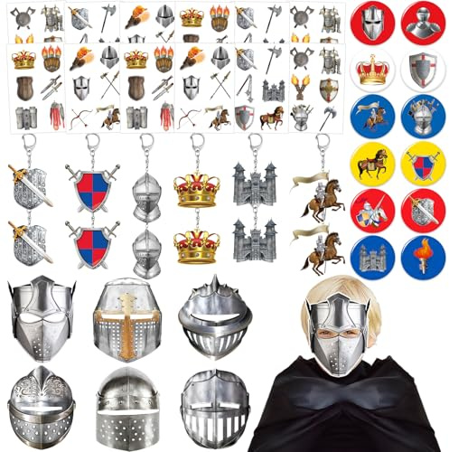 Lcnjscgo Mittelalterliche Ritter-Party-Geschenke, Dekorationen, Accessoires, Mittelalter-Thema, Ritterhelme, Papiermasken, Nadeln, Schlüsselanhänger, Tattoos, 48 Stück