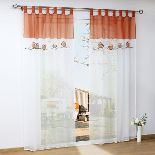 Yujiao Mao Stickerei Eule Druck Voile Vorhange Kinderzimmer Gardine Schal mit Schlaufen 1 Stück BxH 140x175cm Terra