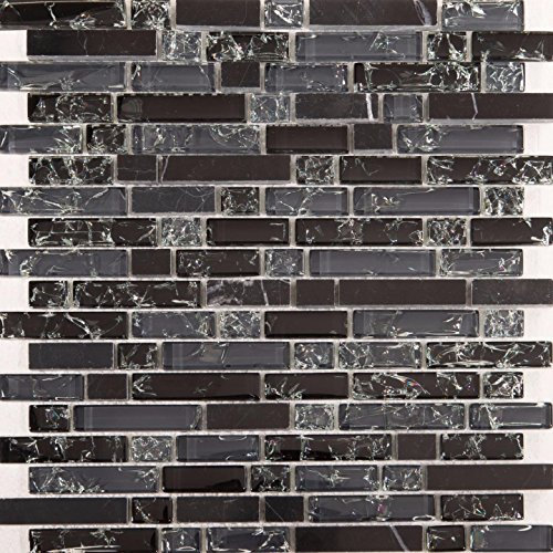 Black and Grey Glass & Black Stone Brick Shape Mosaic Tiles Sheet (MT0155)