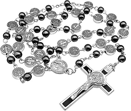 Nazareth Store Heilige Benedikt Hämatit Rosenkranz Metallperlen Katholische Halskette Edelstahl Medaille und Kreuz Heiliges Gebet Rosenkränze Für Männer Frauen