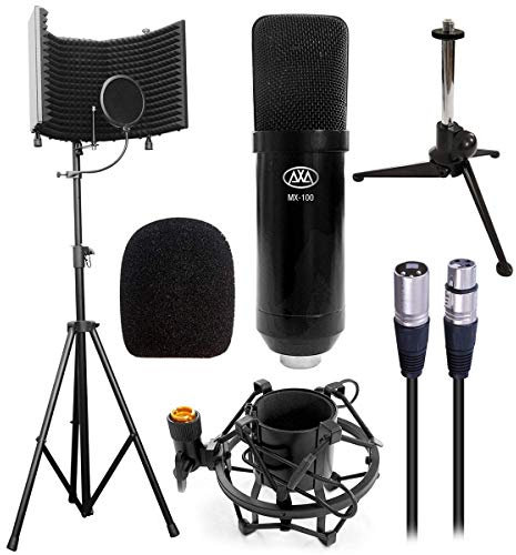 AxcessAbles MX100 Microfono professionale a condensatore XLR per studio cardioide con treppiede da tavolo, supporto per isolamento microfono, supporto antiurto e filtro pop, registrazione e