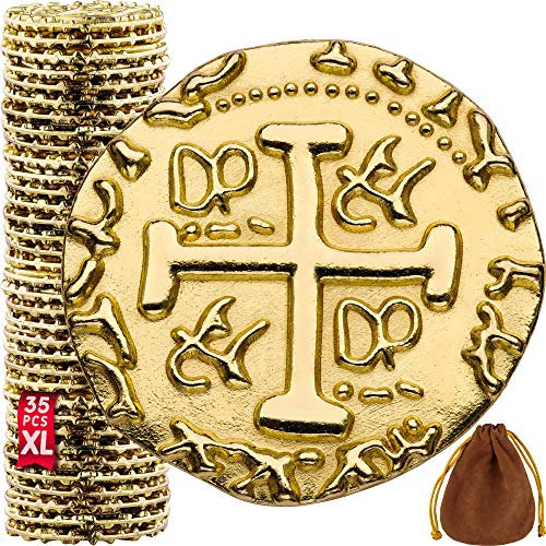 Leib Games Piraten Münzen Zubehör, 35 Goldmünzen-Set, Metall Goldtaler Deko Dublonen für DND Brettspiele, Cosplay, Realistische Mittelalter Geld-Imitation, Piratenschatz, XL Größen