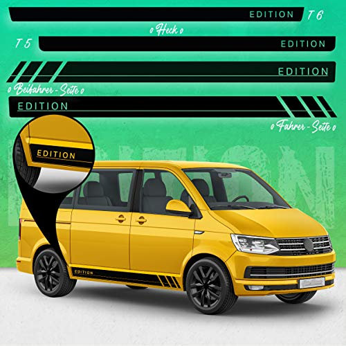 Auto-Dress Seiten-Streifen Aufkleber Set/Dekor passend für VW T4, T5 & T6 Bus - Motiv: Edition Racing (111M Black Matt, Kurzer Radstand)