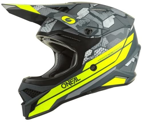 O'Neal | Motocross-Helm | MX Enduro Motorrad | ABS-Schale, Sicherheitsnorm ECE 22.05, Lüftungsöffnungen für optimale Belüftung & Kühlung | 3SRS Helmet Camo V.22 | Erwachsene | Grau Neon-Gelb | L