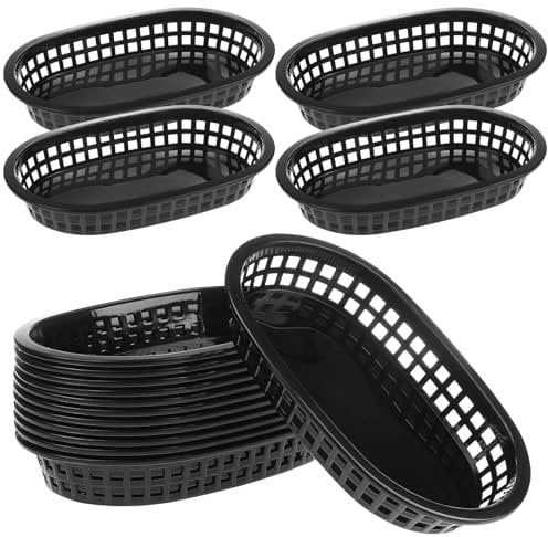 Alipis Plastic Food Baskets: 12 PCS Black Oval Fast Food Basket - 23.5x15 .0x3.5cm Reusable Serving Tray - Hot Dog Trays for Home Restaurant BBQ Party Picnic Burgers Sandwiches Fries
