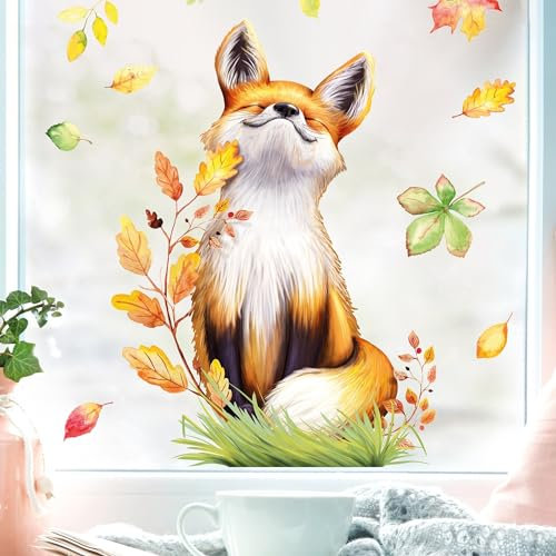Wandtattoo Loft Fensterbild Herbst Mit Fuchs und Blättern - A4 Bogen Herbstdeko für Kinderzimmer - Fensterfolie Mit Herbstblättern