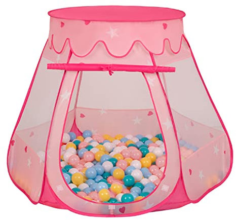 Selonis Tente 105X90cm/200 Balles Château avec Les Balles Plastiques Piscine À Balles pour Enfants, Rose:Blanc/Jaune/Babyblue/Rose Poudré/Turquoise