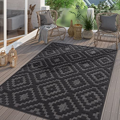 TT Home In-& Outdoor Teppich Wetterfest Balkon Küche Wohnzimmer Boho Skandi Design, Farbe: Dunkelgrau 2, Größe:240x340 cm