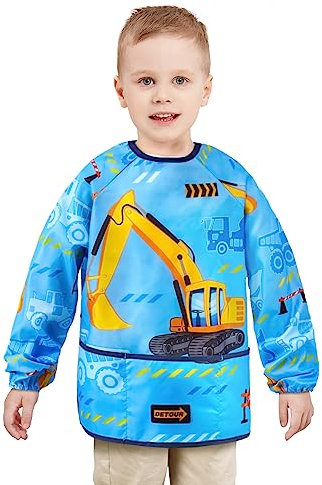 WERNNSAI Malschürze Kleinkinder - LKW Kunstschürzen für Jungen Wasserdicht Bastelschürze Lange Ärmel Kinder Malkittel für 4-7 Kleinkind Schürze mit 3 Taschen für Schule Kunst Malerei