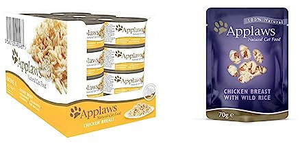 Applaws Premium Natural Katzenfutter Nass, Huhn in Brühe 70g Dose (Packung 24x70g) & Premium Natural Katzenfutter Nass, Huhn mit Wildreis in Brühe 70g Portionsbeutel (12x70g)