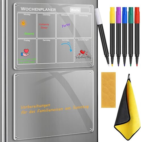 GROOHAFY Wochenplaner Abwischbar AUF DEUTSCH & Memoboard Magnetisch, 2 Stück Acryl Familienplaner für Kühlschrank Kalender Planungstafeln Haushaltsplaner Stundenplan Memoboard To Do Liste 40x30 cm
