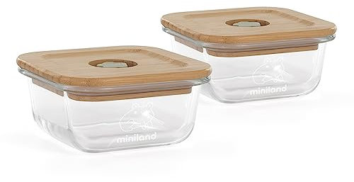 Miniland Set Ecosquare Chick. Set de dos herméticos de vidrio con tapa de madera FSC.