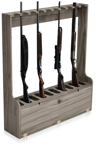 Soaoo Gun Racks Holds 10 Long Guns Wooden Rifle Rack Floor Stand Rifle Racks Display Holder Stand with Storage for Firearms Display Storage Home Accessories Office(Gray)