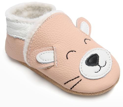 IceUnicorn Chausson Cuir Bébé Hiver Chausson Bebe Fourré Peluche Chaude Chausson Cuir Souple Bébé Fille Garçon Pantoufles Bebe(Chat Rose P, 12-18 mois)