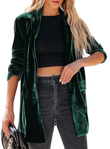 Womens Long Velvet Cardigan Jacket Open Front Plain Lapel Collar Blazer Outerwear with Pockets Vintage Duster Sweater Suit Office wear Green