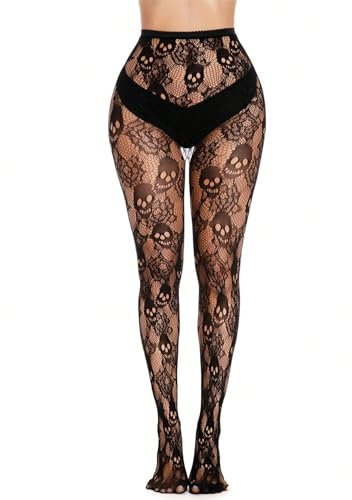 PrettyLoveHose Collant Résille Noir Multi Tête de mort Rose Gothique Taille unique T1 à T3 (36-38-40)