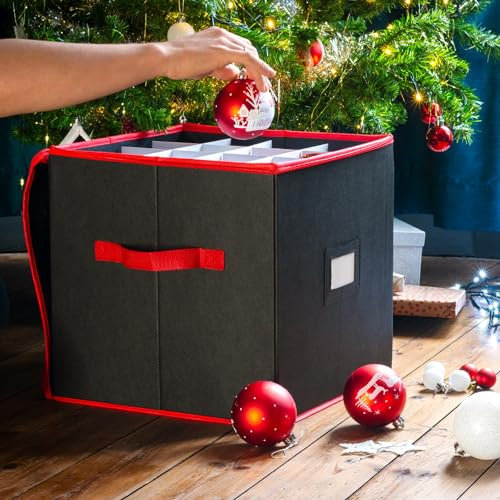 CKB LTD Black Christmas Bauble Storage Box Cube With Dividers Stores up to 64 Baubles, Foldable Xmas Ornaments and Decorations Container 33 x 33 cm (Black, Red)