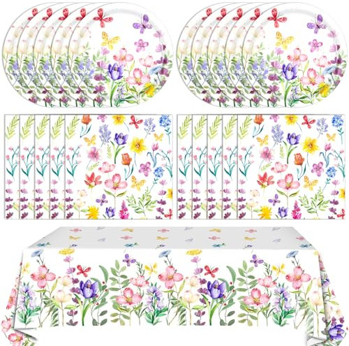 Xiliconie 41 PCS Wildflower Party Decorations Spring Theme Disposable Tableware Set Including Plate Napkin Tablecloth Spring Summer Flower Party Supplies For Birthday Baby Shower Picnic