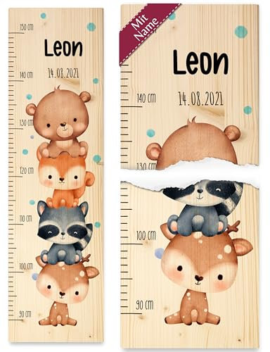 Messlatte Kind Holz - Tiere - Kindermesslatte niedliche Wildtiere mit Name und Geburtsdatum Babymesslatte I Bär I Eichhörnchen I Waschbär I Reh - 90-150 cm - Holz - kinder größe 160 tier
