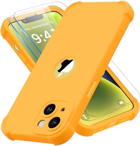 ORETECH Silicone Case for iPhone 14 Plus Case, with [2 x Tempered Glass Screen Protector] [Camera Protection] [Military Grade Protective] 360 Shockproof Thin Slim Fit Rubber Bumper Cover - Yellow