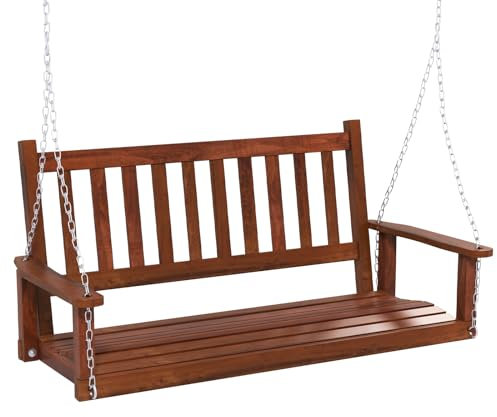 KOMFOTTEU Columpio de Madera de Álamo de 2-3 Plazas, Banco Colgante con Cadenas Ajustables de Metal, Silla Hamaca con Respaldo de Listones, Asiento Suspendido de Jardín (Marrón, 136 x 67 x 63 cm)