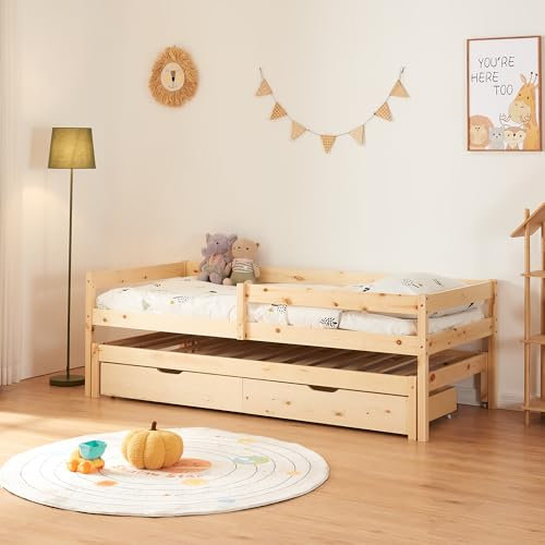 [en.casa] Doppel-Kinderbett Sonkajärvi Kleinkindbett mit Schubladen und Ausziehbett Bettgestell aus Kiefernholz mit Zustellbett 90x200cm Natur