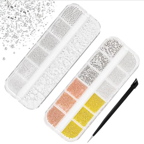 PBUSPU 2 Boxen Nail Art Strasssteine, Mit Pinzette Nägel Flatback Perlen Nail Charms mit Kristallen Nagelzubehör Diamanten Edelstahl-Perlen für Nagelschmuck
