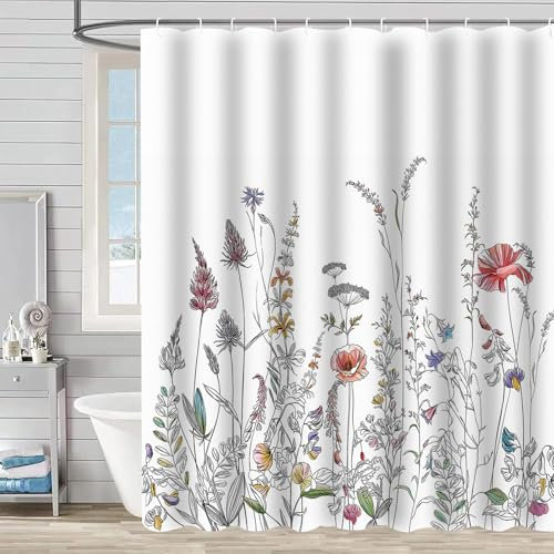 FAIRYGATE Anti Mould Shower Curtain Outdoor Shower Curtain Garden Decoration Flower Countryside Scenery Waterproof Bathroom Curtains with 12 Hooks B9820