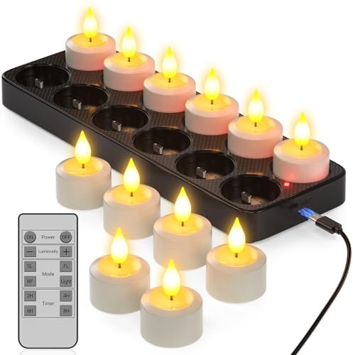 PChero Rechargeable Tea Lights with Charging Base, 12 Pack LED Flameless Battery Operated Fake Tealight Candles Flickering with Remote Control Timer for Halloween Pumpkin Christmas Table Decorations