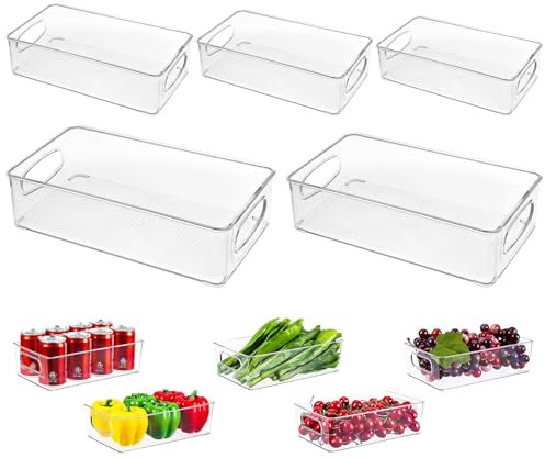 Truevaste Kühlschrank Organizer Set mit 5 Spezifikationen, 5 Stk. Stapelbare Aufbewahrungsboxen Ohne Deckel für Schrank, Küche, Büro und Speisekammer, Fridge Organizer Rutschfest Langlebig & BPA Frei