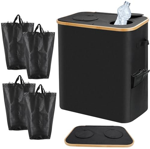 GIOVARA Poubelle de Recyclage 140L avec Couvercle, Collecteur de Bouteilles 2 Compartiments, Poubelle Tri Sélectif pour Cuisine, 4 Sacs Intérieurs pour Verre/Plastique, Rangement Maison/Jardin(noir)