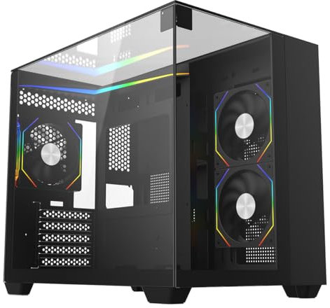 CiT Eclipse mATX Gaming PC Case – Dual Chamber Design - Panoramic Tempered Glass - including 3 x 120mm Infinity ARGB Fans, LED Strip, 6-Port PWM Hub, AIO Support, USB 3.0, USB 2.0, HD Audio | Black