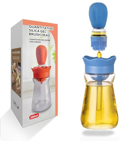 BENTFINE Oil Dispenser Bottle with Silicone Brush, 200ML 2 in 1 Glass Olive Oil Dispenser for Cooking, Silicone Dropper Brush Dispenser Bottle for Kitchen, Pancake, BBQ, Frying, Sauce, Baking (Blue)