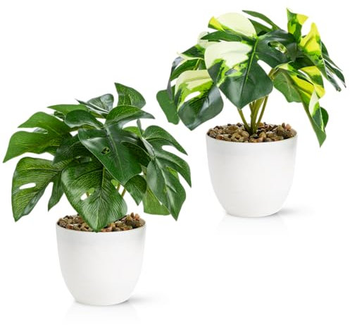 PASCH® 2er Set Kunstpflanzen wie echt (18cm) in bruchfesten Melamintöpfen | Kunstpflanzen im Topf | Künstliche Pflanzen im Topf | Kunstblumen Fake Plant