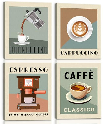 BINCUE 4 Teilig Retro Kaffee Leinwandbilder Wandkunst,Kaffee Bar Küchen Wanddekoration,Cafe Coffee Kaffeetasse Kaffeebohnen Frühstück Bilder Deko Für Zuhause Esszimmer Bäckerei Kaffeeshop,20x25cm
