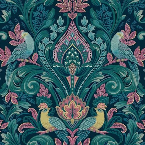 Peacock Themed Damask Style Textured Vinyl Bold Coloured Wallpaper in Navy Blue/Pink Perfect for Feature Walls Living Rooms Bedroom Decoration Grandeco A67801
