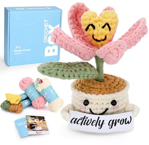 CrochetBox CROCHET BOX Komplettes Häkelset für Anfänger, Tulpen in Töpfen Häkelset, Video-Tutorial einbeziehen, Anleitung, Weiches Garn
