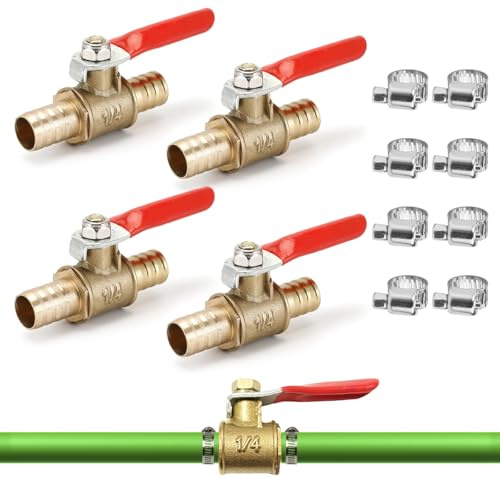 4 Stück 8mm Kugelventil aus Messing mit Widerhaken mit 8 Stück Klemmen | Kugelhahn Absperrventil, 180°Betätigungsgriff Ventilrohrverschraubungen für Luft Gas Kraftstoffleitung Absperrung
