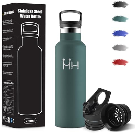 Gourde, 500 ml Sans BPA, Gourde Isotherme, 18/8 Acier Inoxydable, Bouteille d'eau, Bouteille Avec Paille et 2 Couvercles, Bouteille Isotherme pour École, Yoga, Escalade En Montagne - Vert militaire