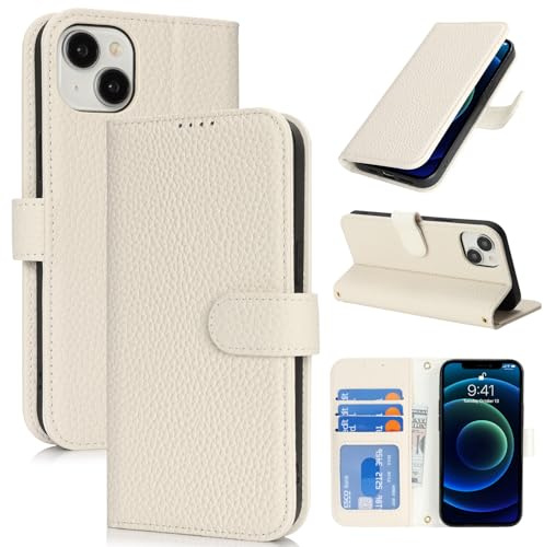 Zouzt Leather Wallet Case for iPhone 13 Mini, 4 Card Slot, Milky White | Genuine Leather, Card Holder, Shockproof TPU Shell, Magnetic Closure, Protective Flip Folio Phone Cover, For Women Men